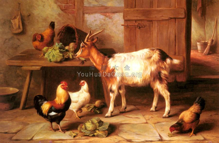 Goat And Chickens Feeding In A Cottage Interior - 埃德加·亨特